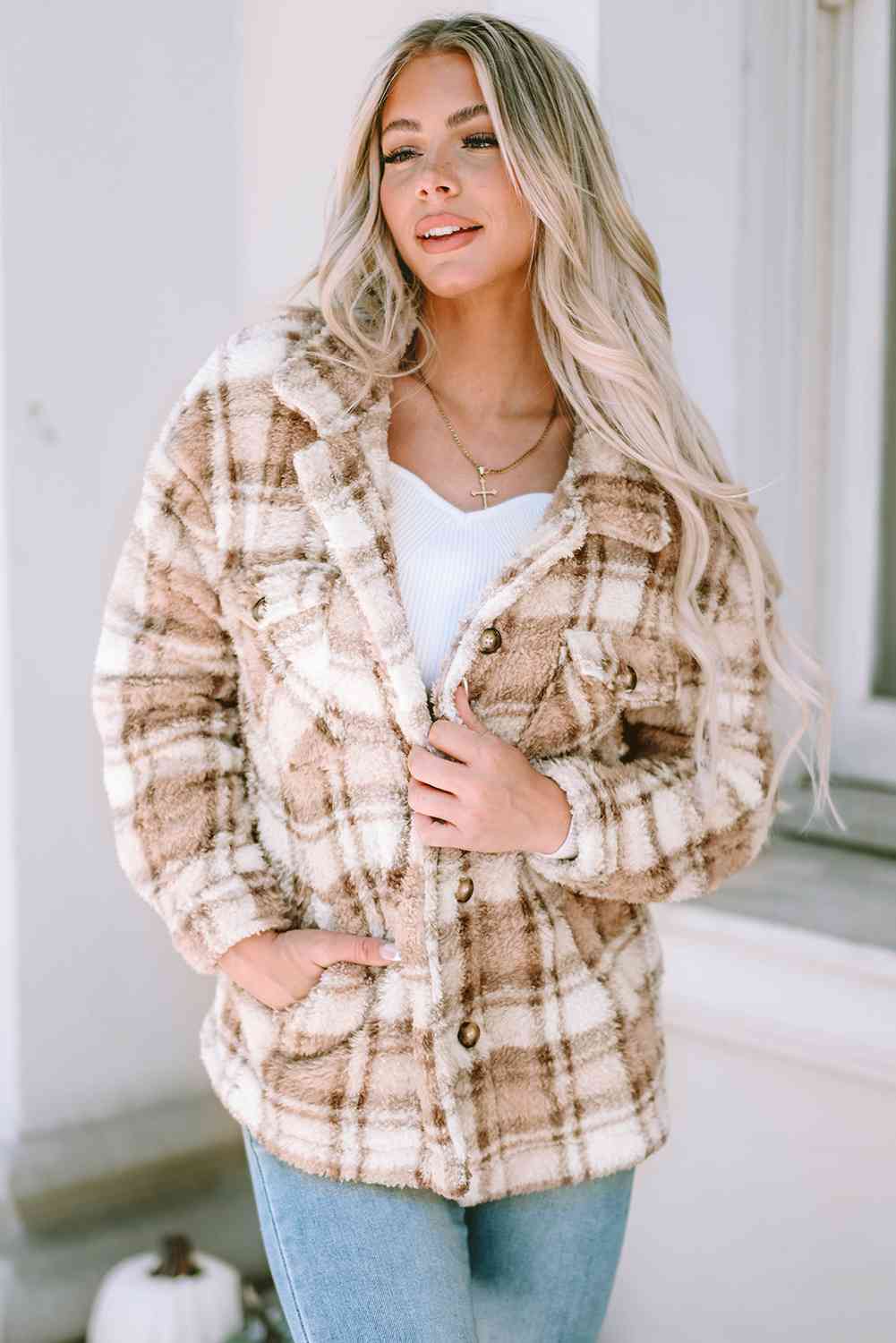 Plaid Collared Neck Jacket - TRENDMELO