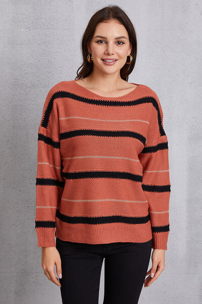 Striped Round Neck Dropped Shoulder Sweater - TRENDMELO