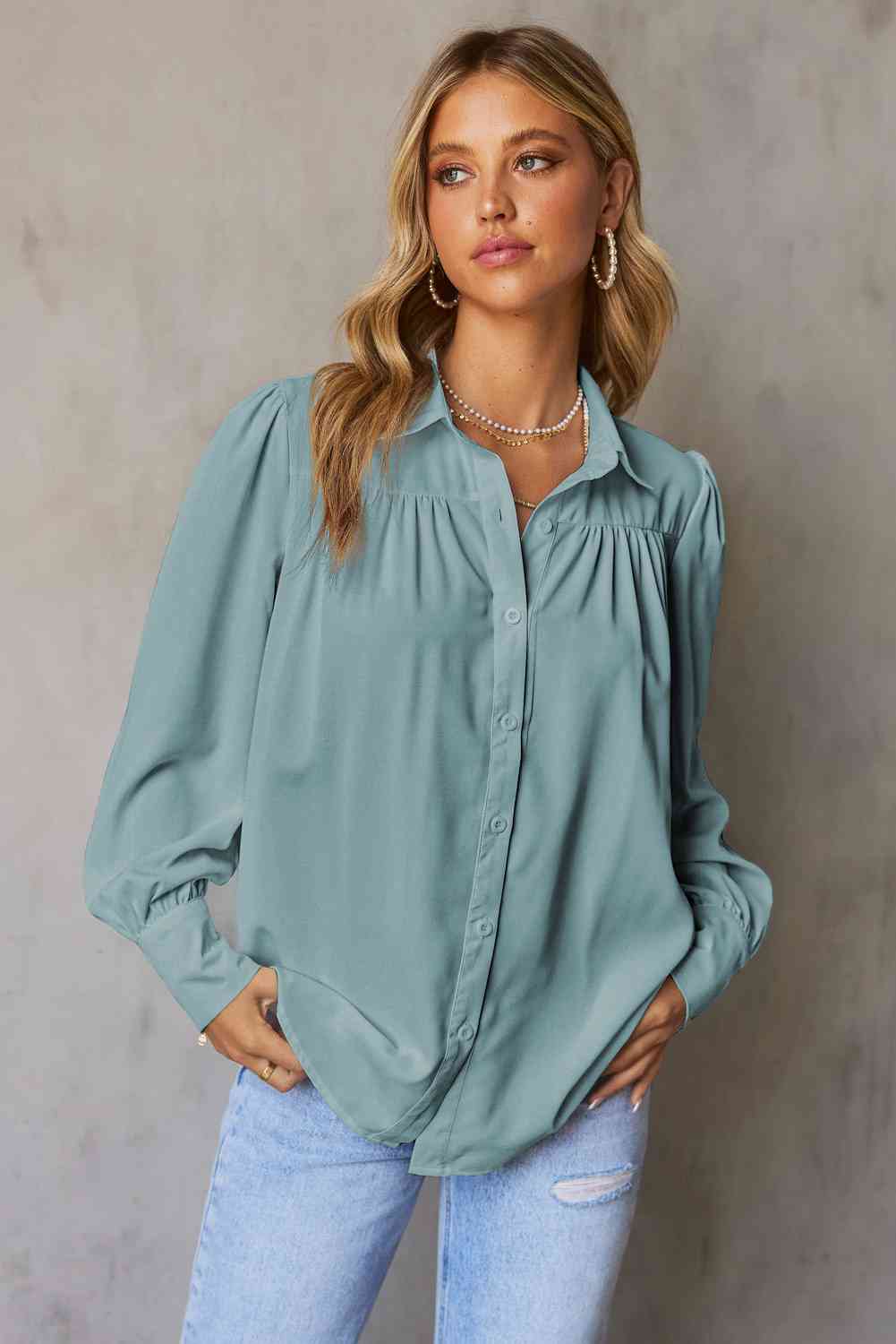 Gathered Detail Puff Sleeve Shirt - TRENDMELO