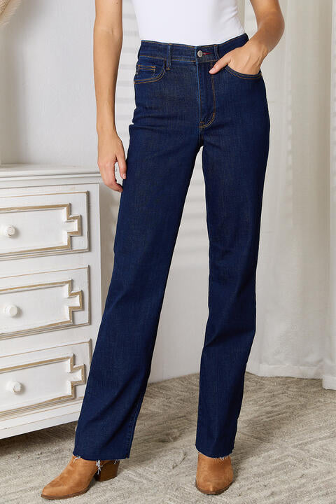 Judy Blue Full Size Raw Hem Straight Leg Jeans with Pockets - TRENDMELO