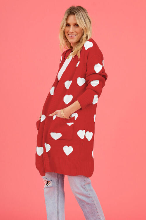 Heart Graphic Open Front Cardigan with Pockets - TRENDMELO