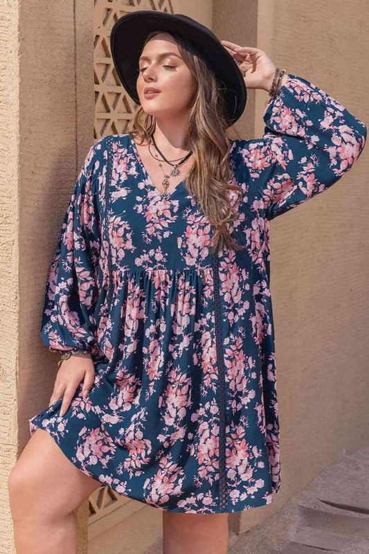 Plus Size Printed V-Neck Long Sleeve Mini Dress - TRENDMELO