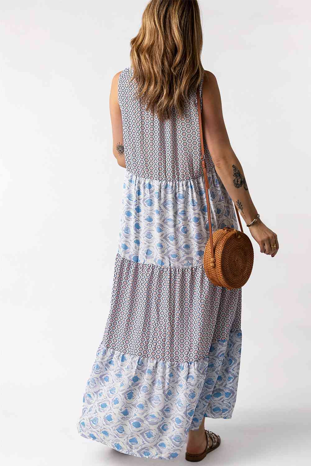 Mixed Print Tie-Neck Sleeveless Maxi Dress - TRENDMELO