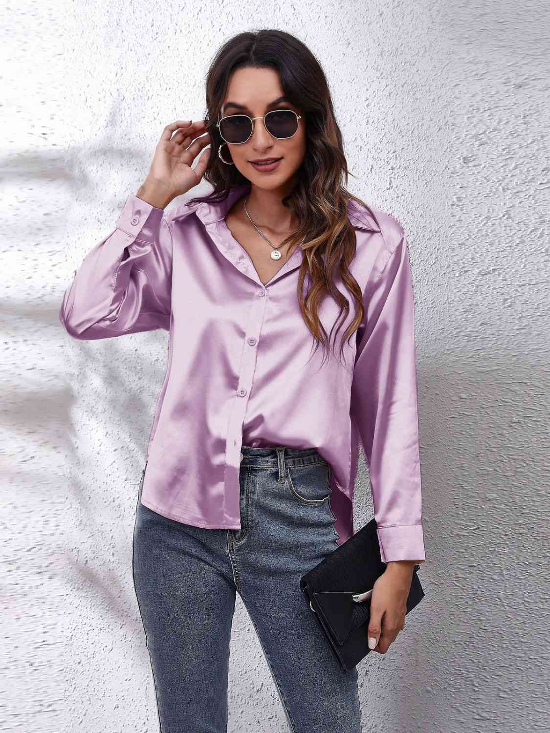 Collared Neck Buttoned Long Sleeve Shirt - TRENDMELO