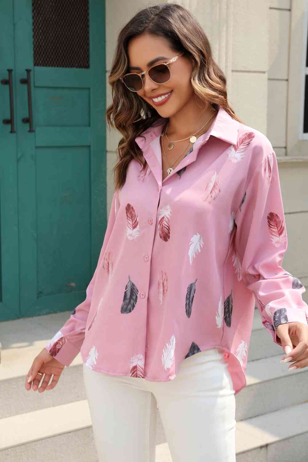 Printed Collared Neck Buttoned Shirt - TRENDMELO