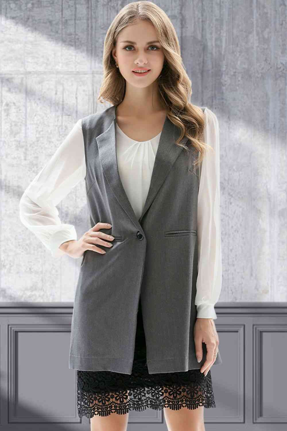 One-Button Sleeveless Longline Blazer - TRENDMELO