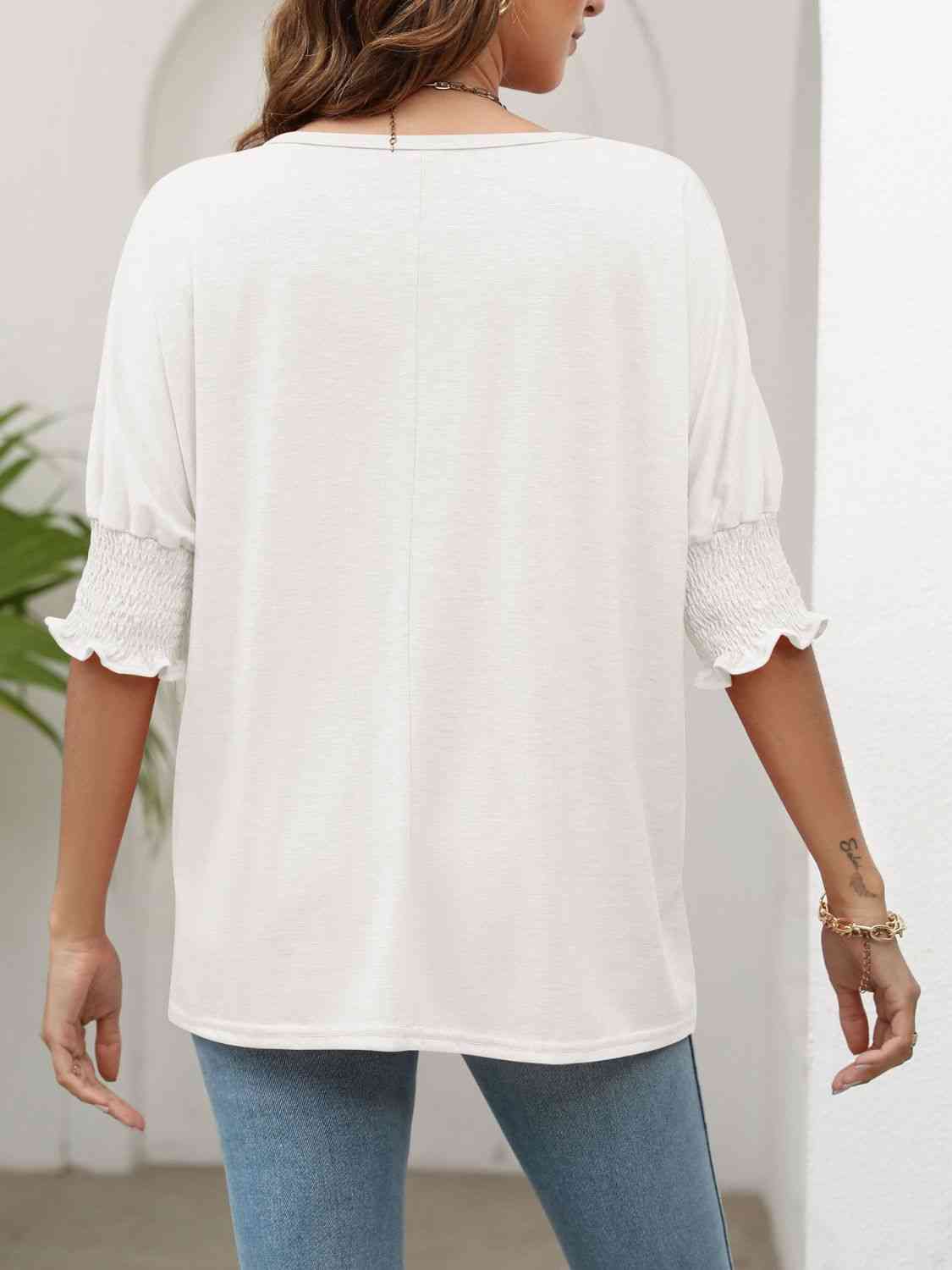 Smocked Flounce Sleeve Round Neck T-Shirt - TRENDMELO