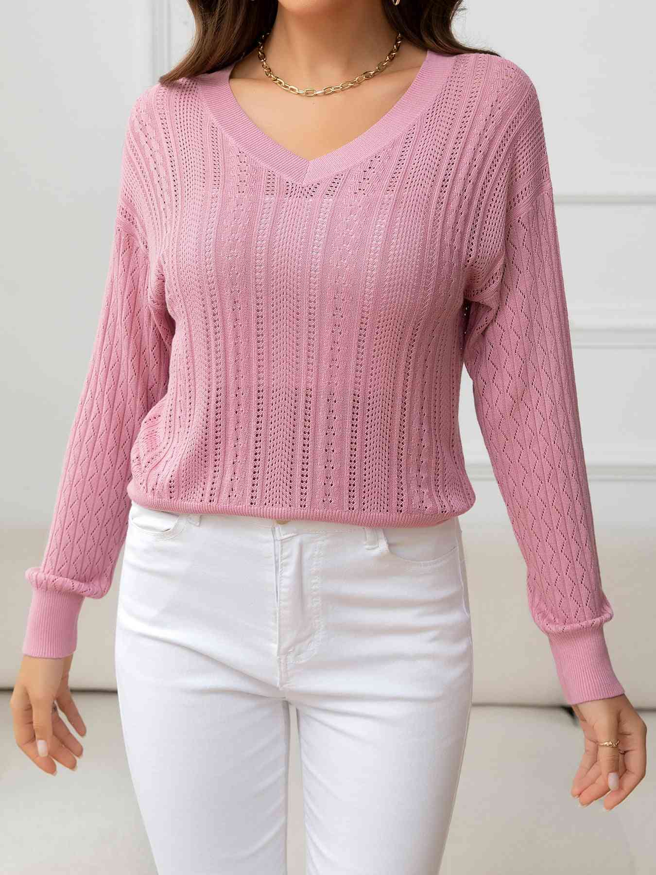 V-Neck Long Sleeve Eyelet Knit Top - TRENDMELO