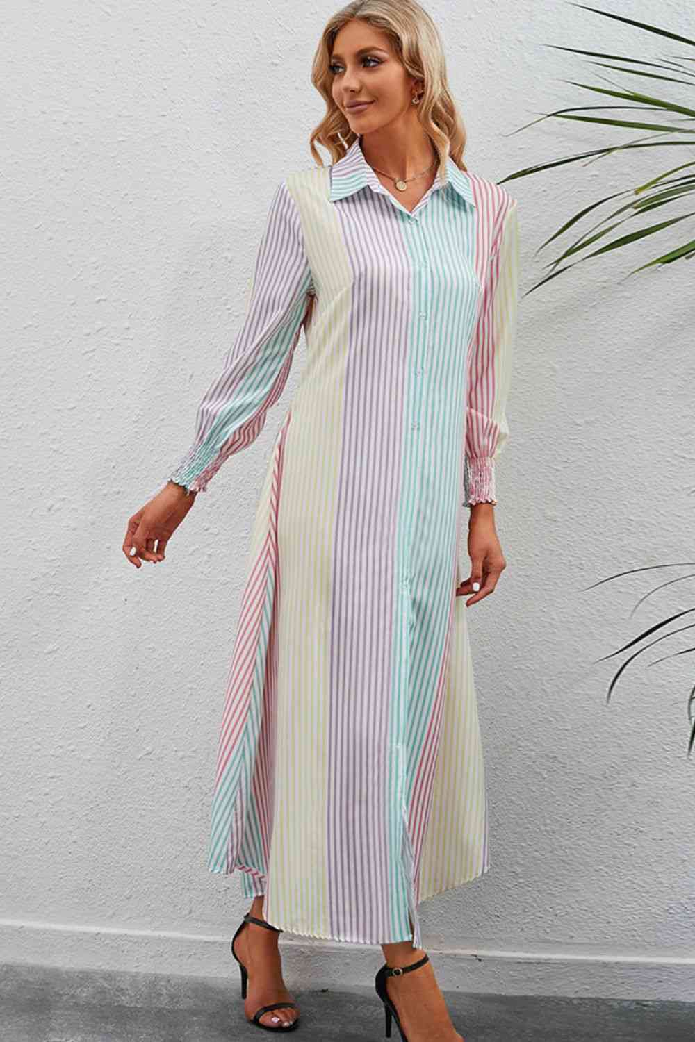 Rainbow Stripe Button-Up Maxi Shirt Dress - TRENDMELO