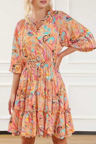 Printed Smocked Frill Tiered Dress - TRENDMELO