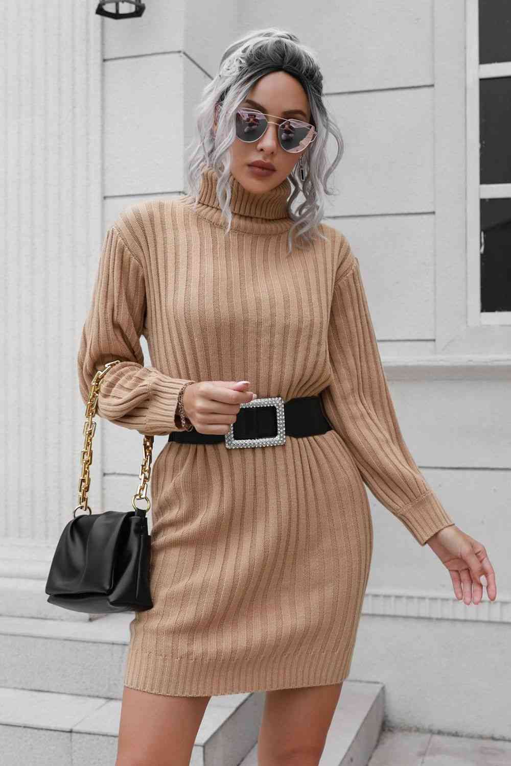 Ribbed Turtle Neck Long Sleeve Mini Sweater Dress - TRENDMELO