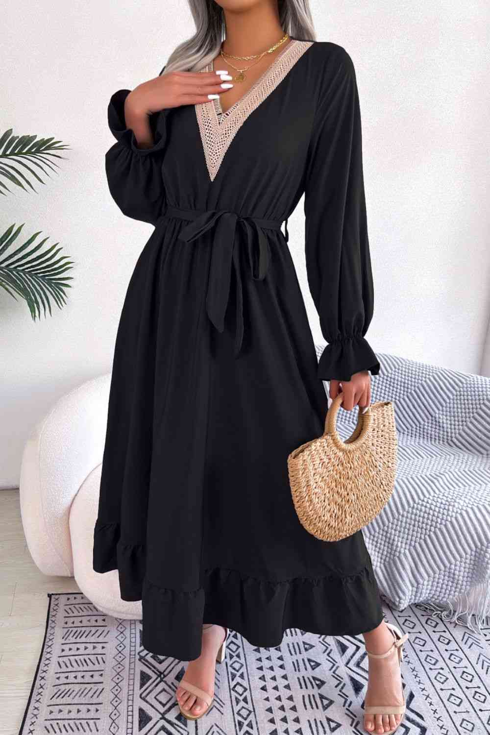 Contrast Belted Flounce Sleeve Dress - TRENDMELO