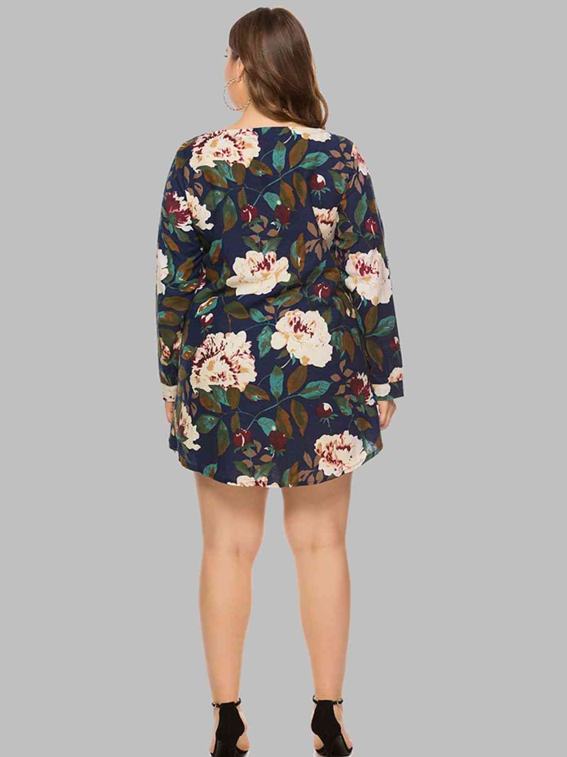 Full Size Floral Long Sleeve Mini Dress - TRENDMELO