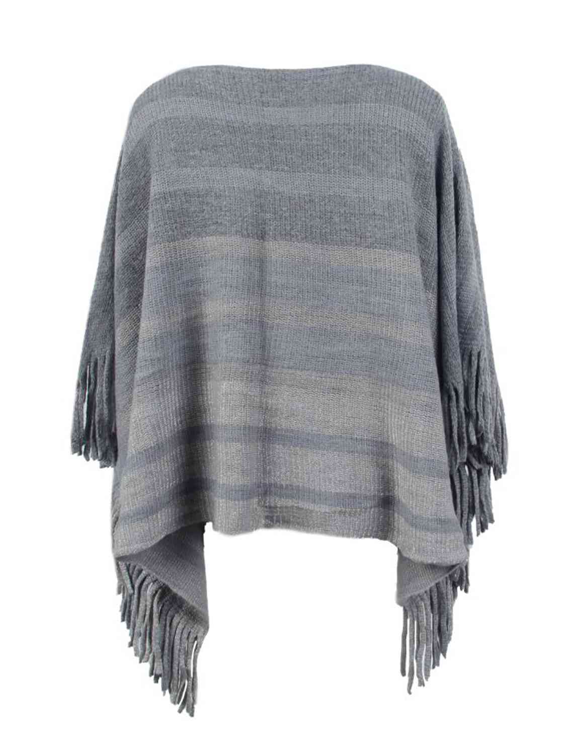 Striped Boat Neck Poncho with Fringes - TRENDMELO