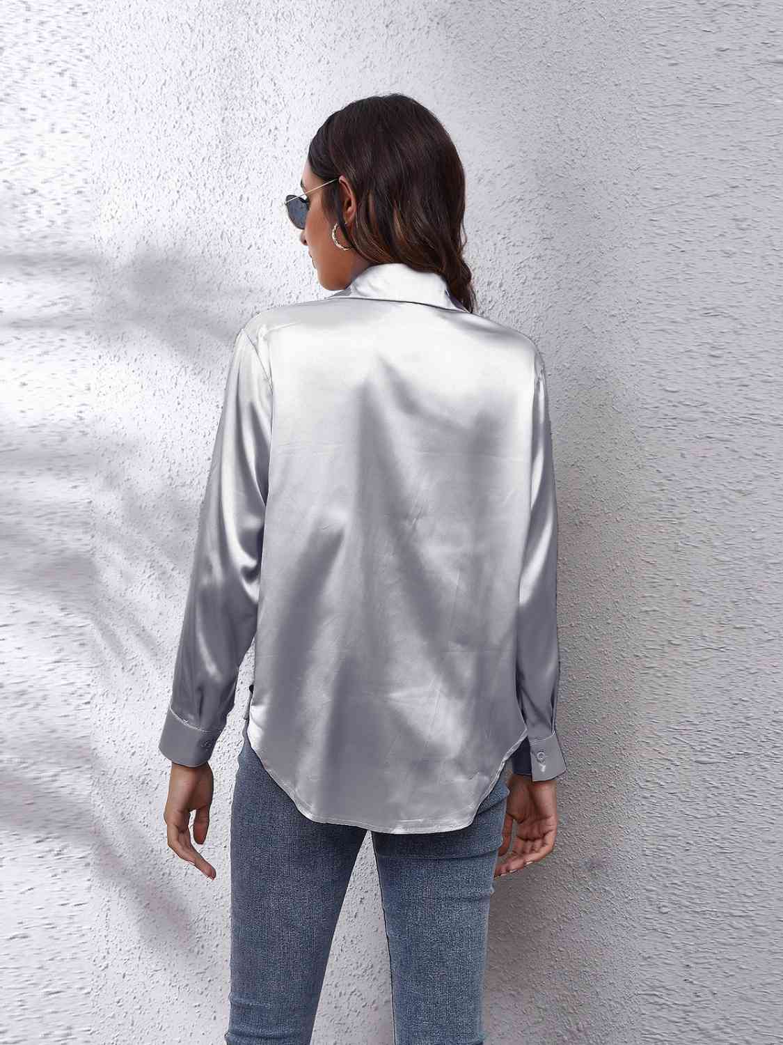 Collared Neck Buttoned Long Sleeve Shirt - TRENDMELO