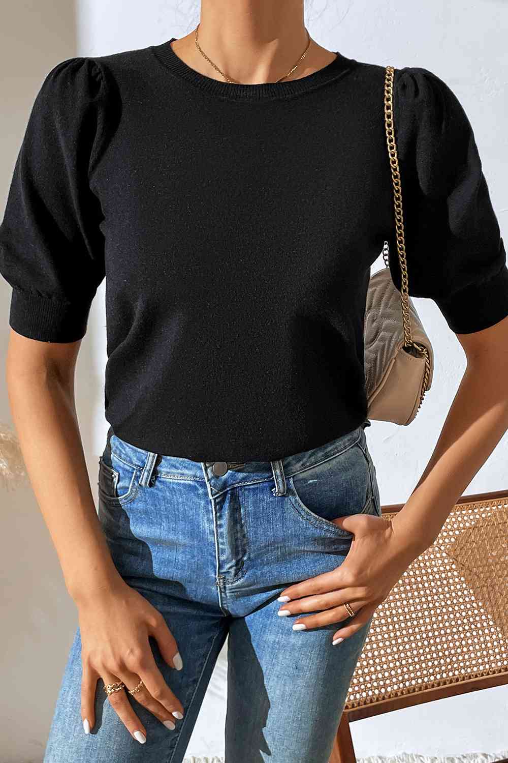 Round Neck Puff Sleeve Knit Top - TRENDMELO