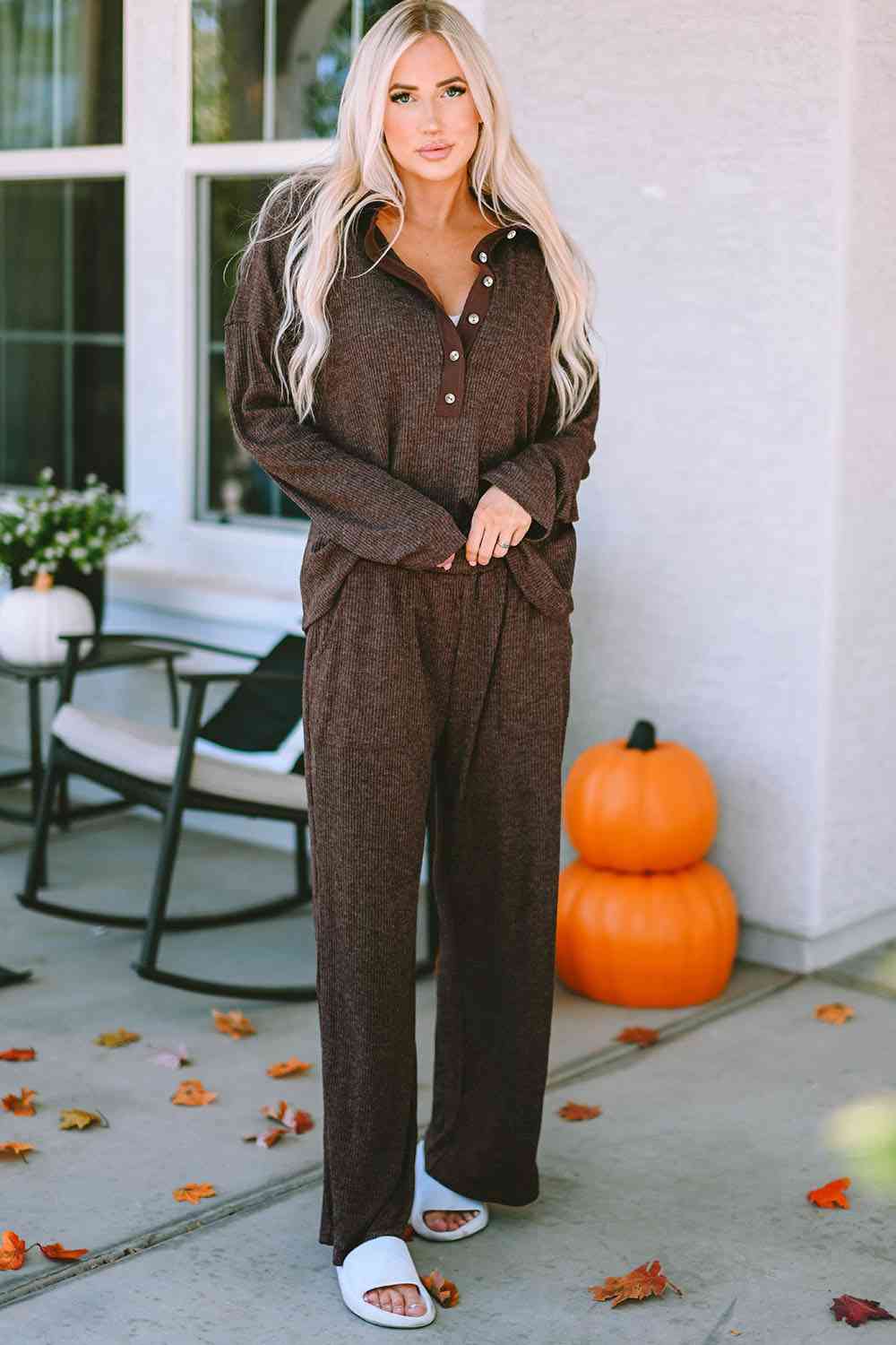 Buttoned Long Sleeve Top and Long Pants Lounge Set - TRENDMELO