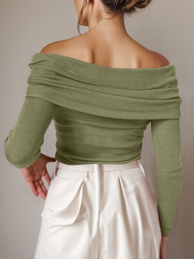 Off-Shoulder Long Sleeve Sweater - TRENDMELO