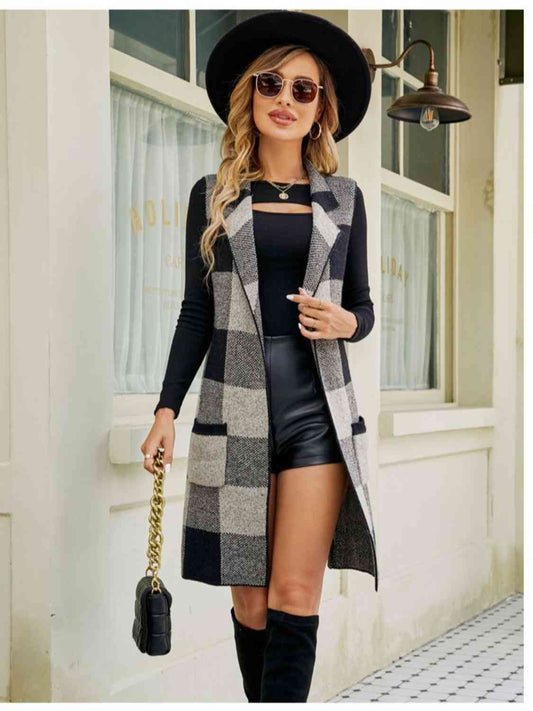 Plaid Lapel Collar Sleeveless Cardigan - TRENDMELO