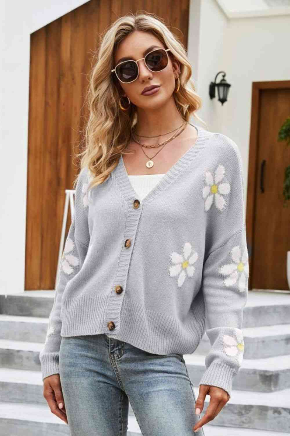 Floral Ribbed Trim Drop Shoulder Cardigan - TRENDMELO