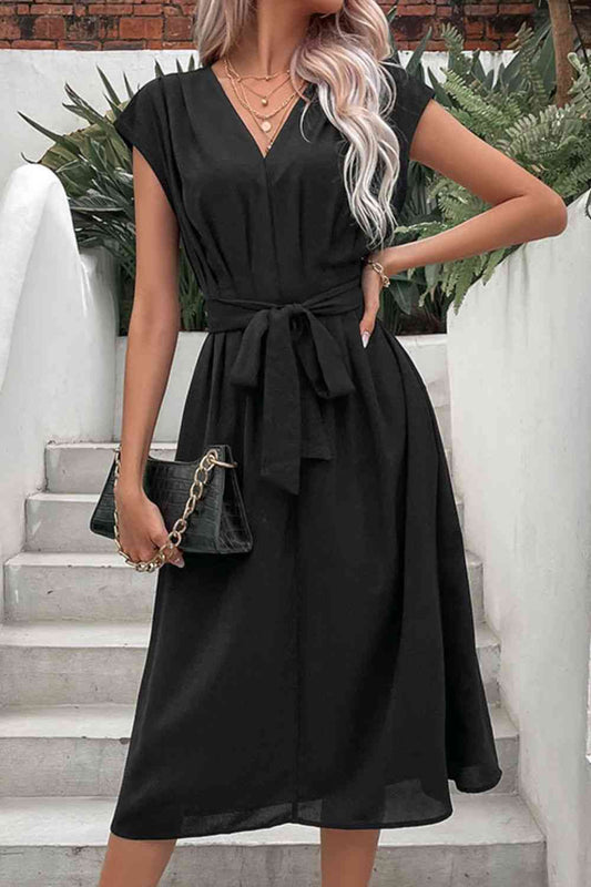 Tie Belt V-Neck Pleated Dress - TRENDMELO