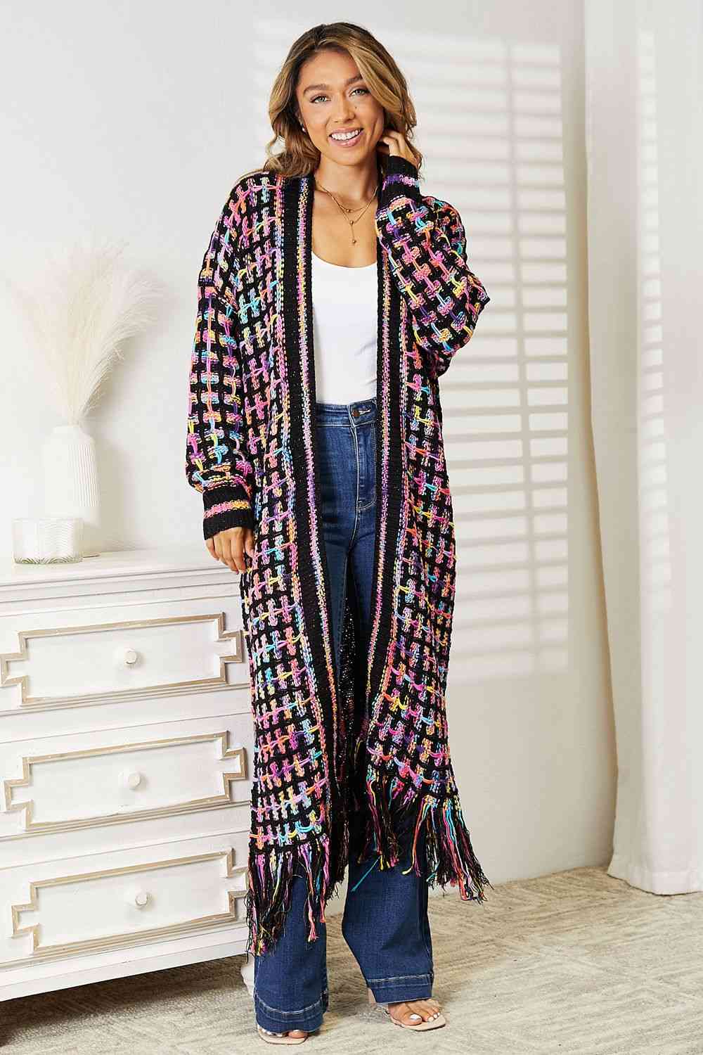 Double Take Full Size Multicolored Open Front Fringe Hem Cardigan - TRENDMELO