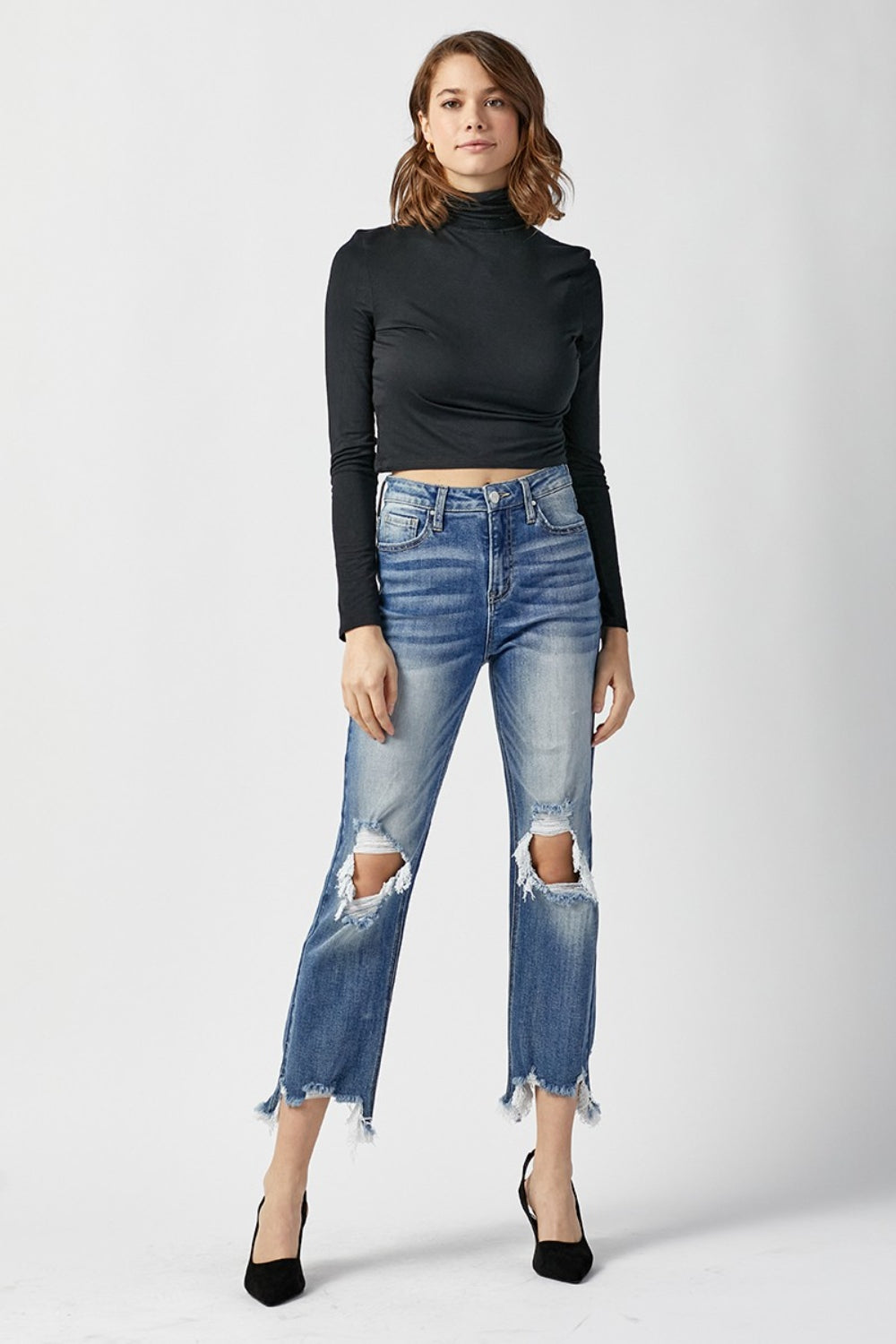 RISEN High Waist Distressed Frayed Hem Cropped Straight Jeans - TRENDMELO