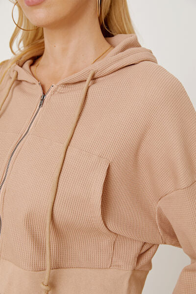 Waffle-Knit Drawstring Zip Up Hoodie - TRENDMELO