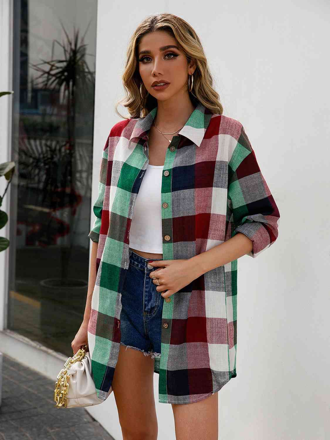 Plaid Collared Neck Button Up Shirt - TRENDMELO