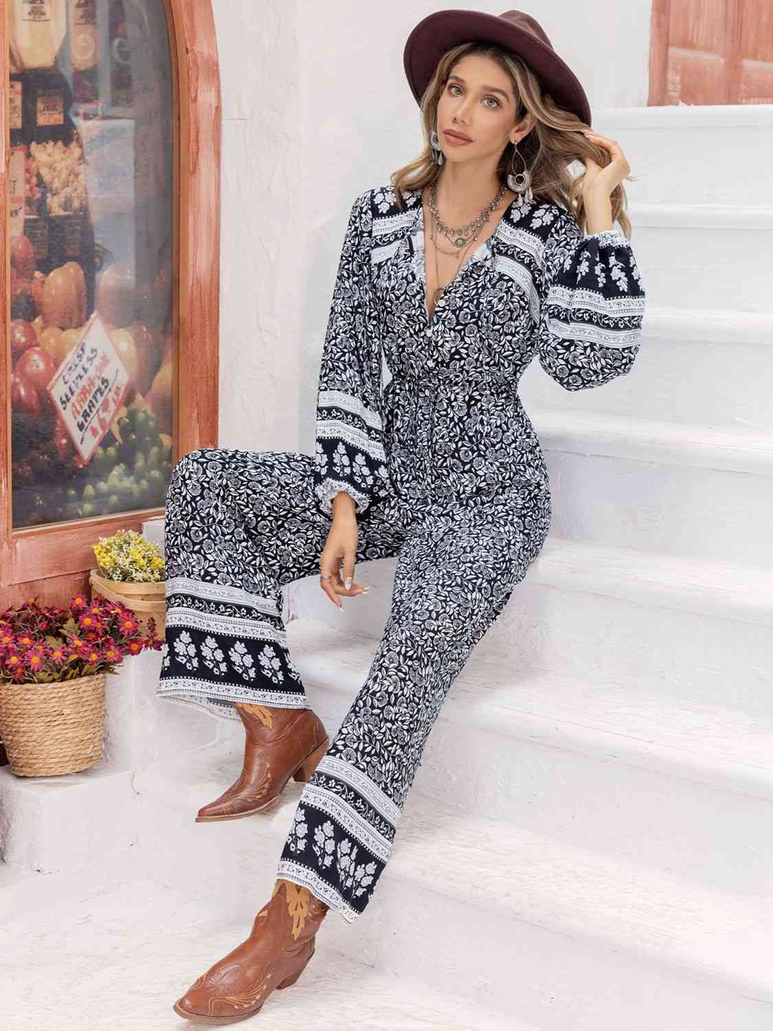 Printed Long Sleeve Wide Leg Jumpsuit - TRENDMELO