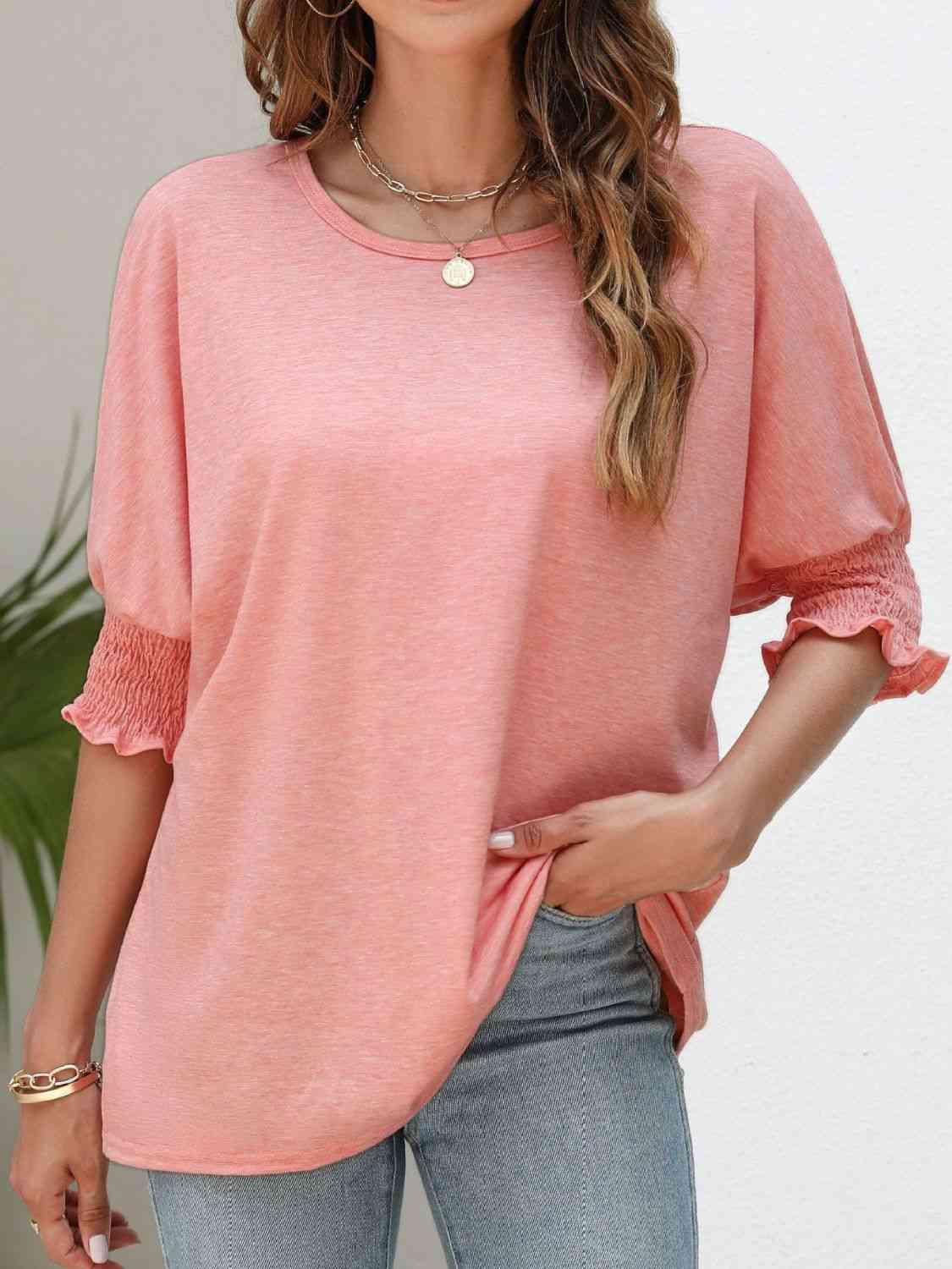 Smocked Flounce Sleeve Round Neck T-Shirt - TRENDMELO