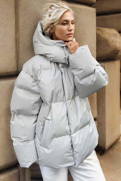 Pocketed Zip Up Hooded Puffer Jacket - TRENDMELO