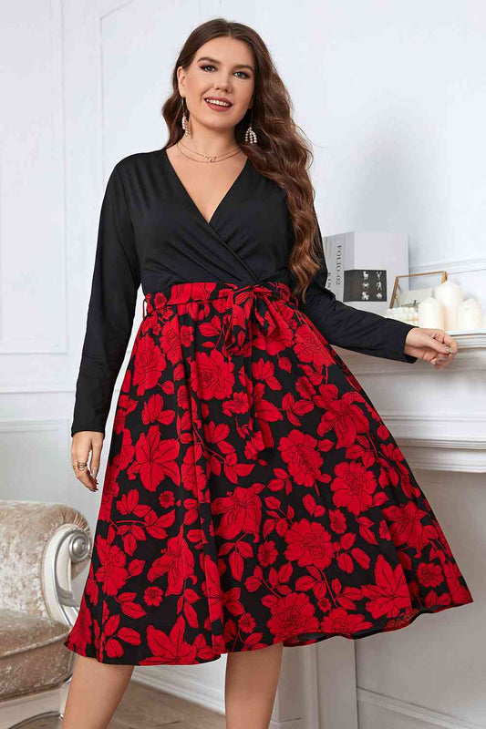 Plus Size Floral Surplice Neck Long Sleeve Dress - TRENDMELO