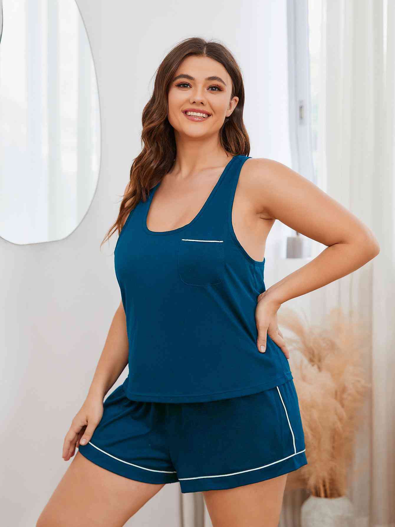 Plus Size Contrast Piping Racerback Tank and Shorts Lounge Set - TRENDMELO