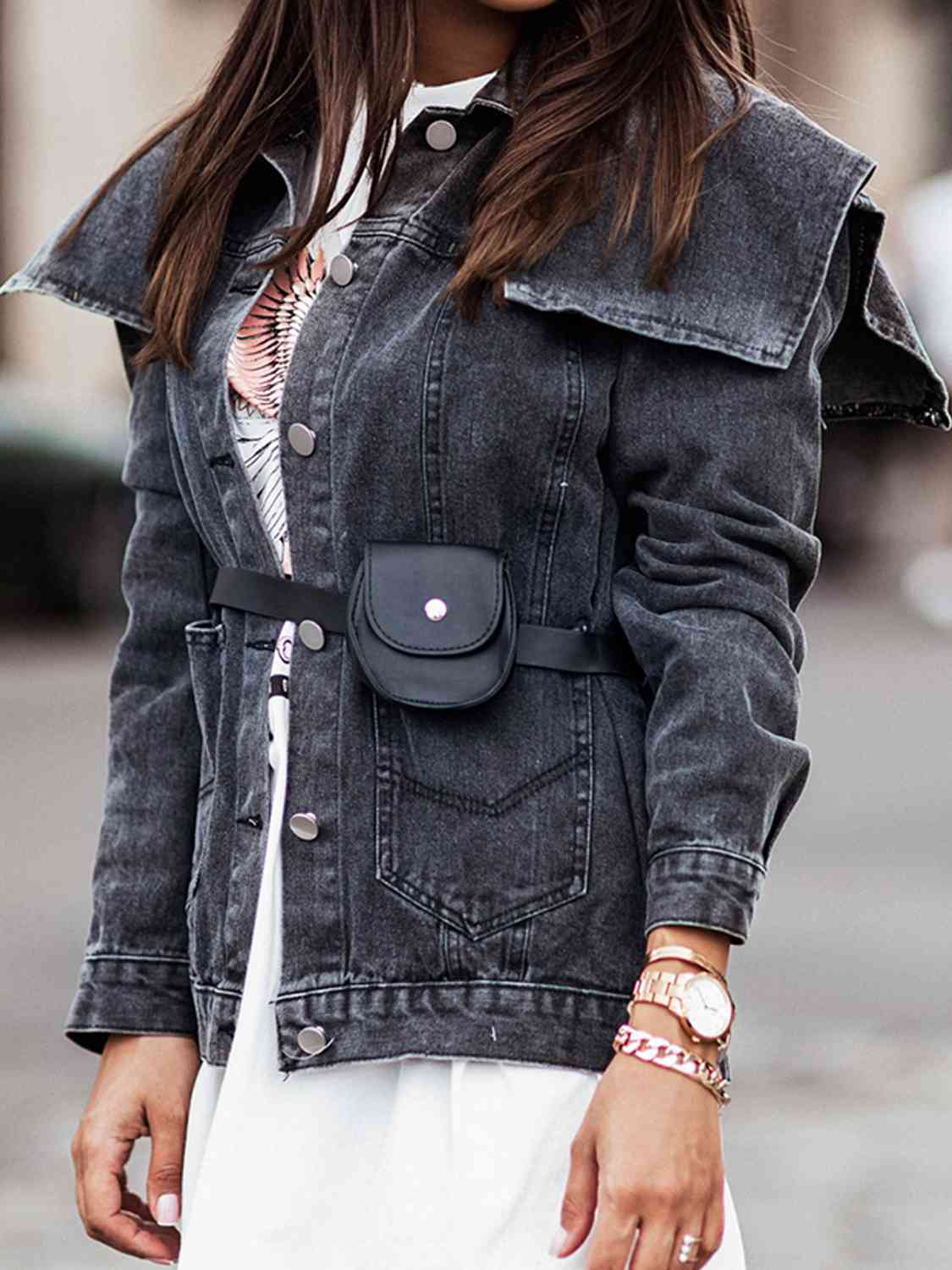 Collared Neck Button Down Denim Jacket - TRENDMELO