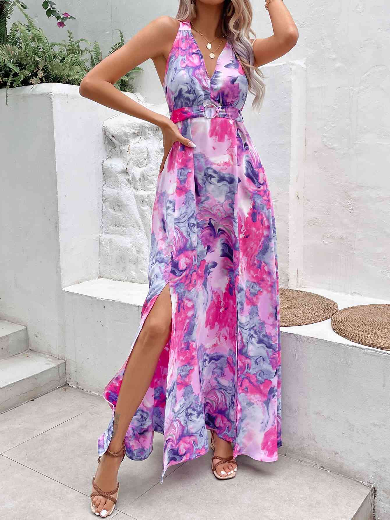 Printed Open Back Slit Sleeveless Dress - TRENDMELO