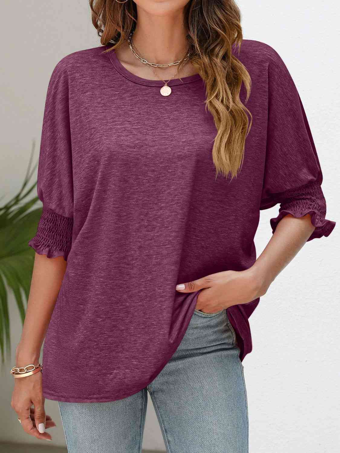 Smocked Flounce Sleeve Round Neck T-Shirt - TRENDMELO