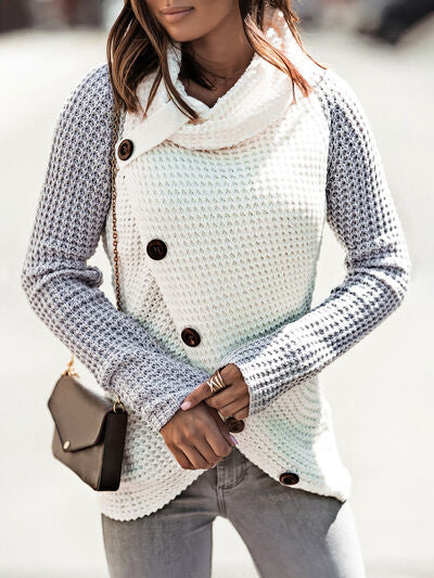 Contrast Decorative Button Turtleneck Sweater - TRENDMELO