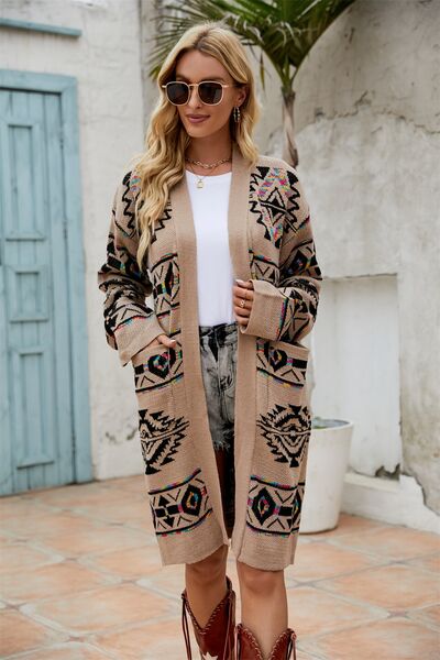 Pocketed Geometric Open Front Dropped Shoulder Cardigan - TRENDMELO