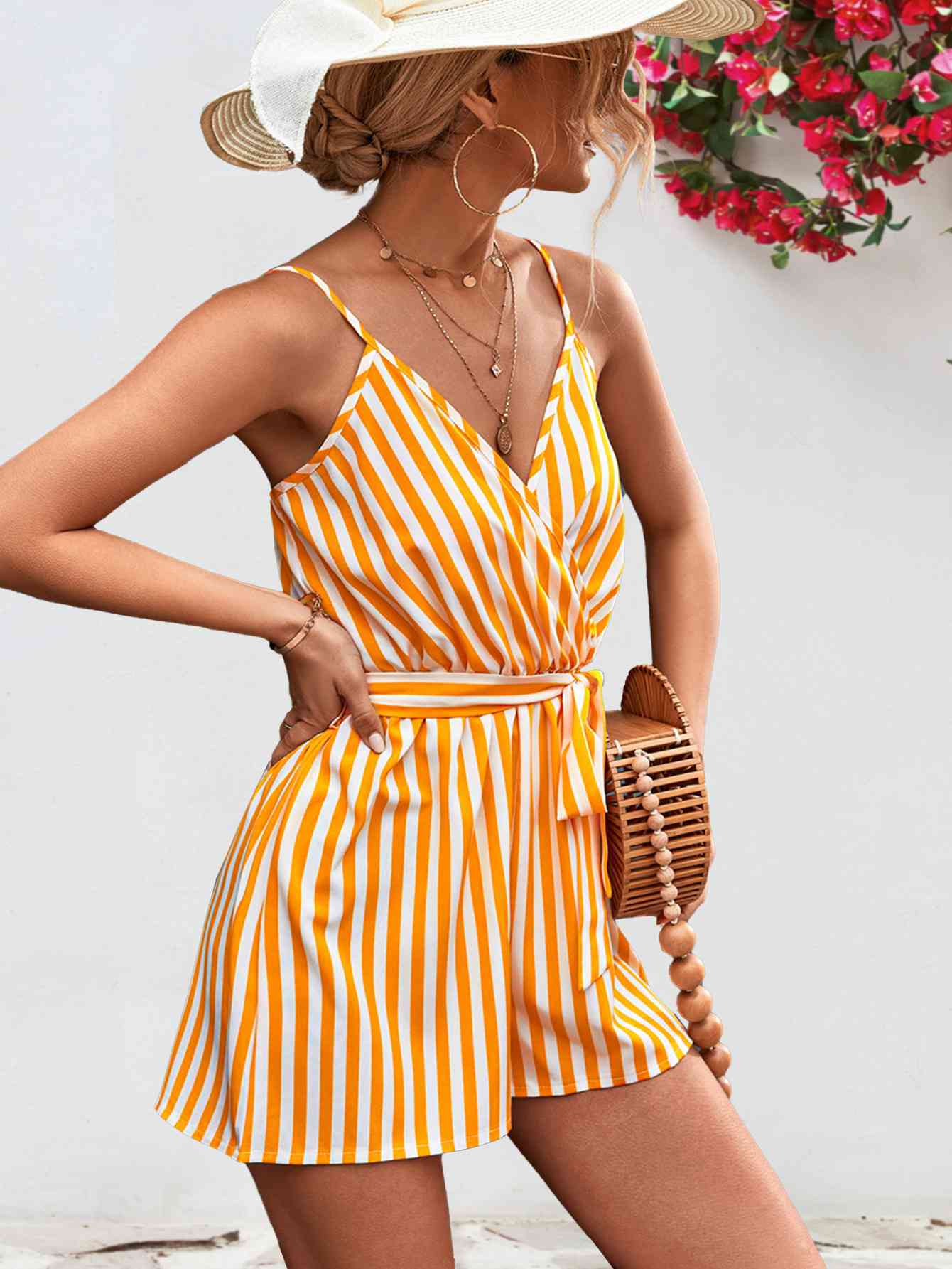 Striped Tie Waist Spaghetti Strap Romper - TRENDMELO