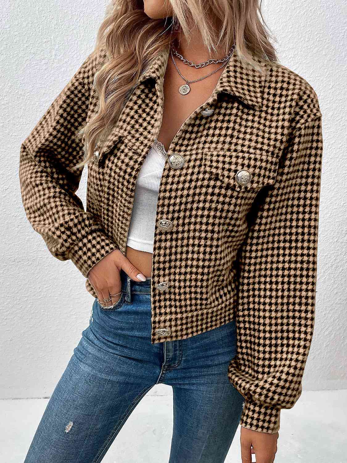 Houndstooth Collared Neck Button Up Jacket - TRENDMELO