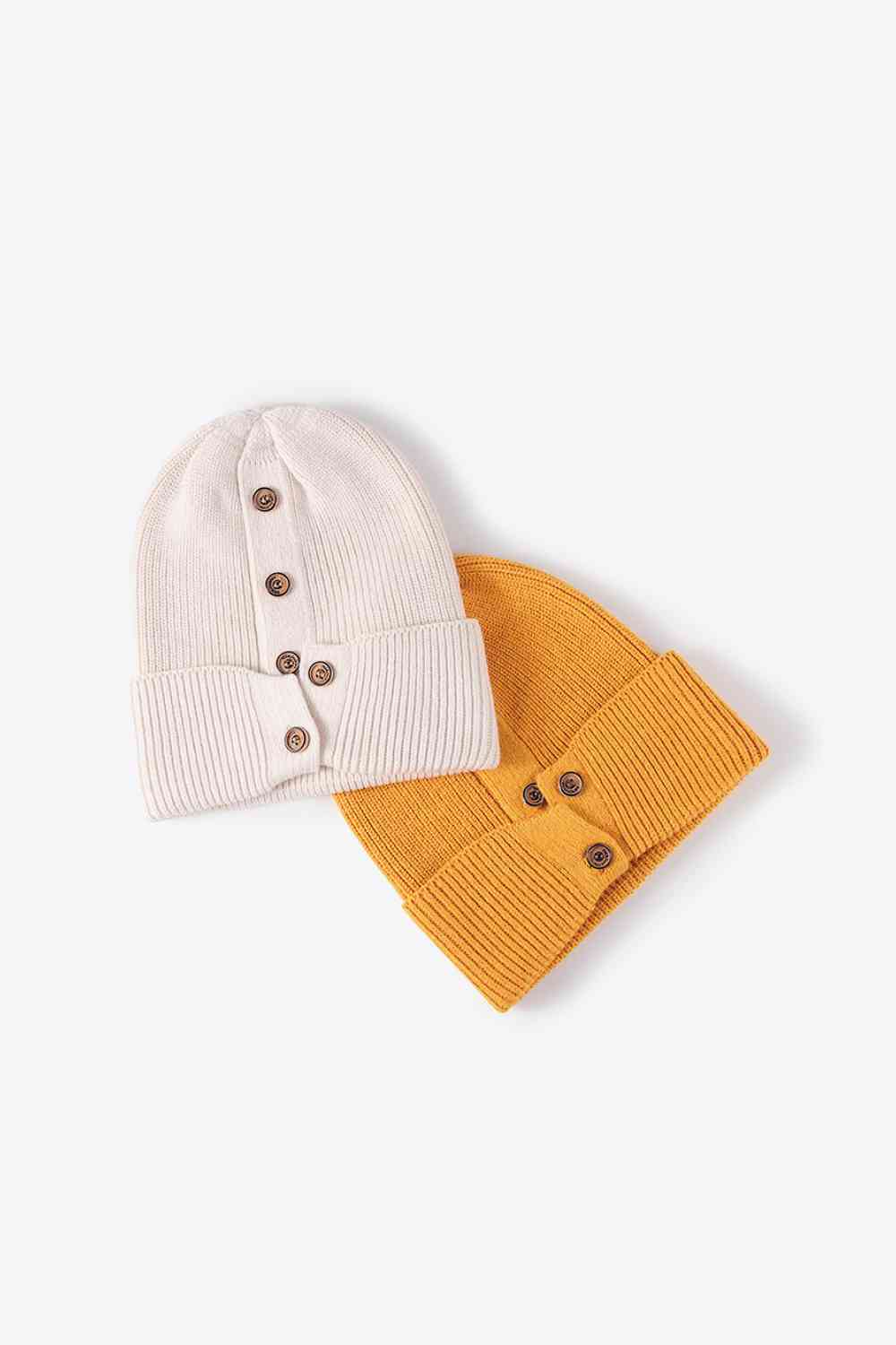 Button Detail Rib-Knit Cuff Beanie - TRENDMELO