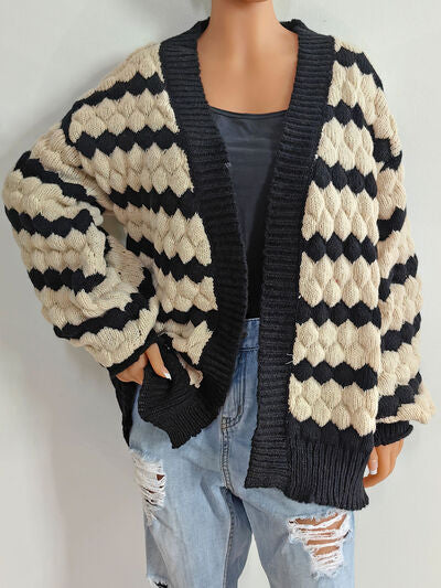 Striped Contrast Open Front Long Sleeve Cardigan - TRENDMELO