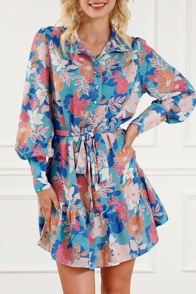 Floral Tie Waist Lantern Sleeve Ruffled Hem Mini Dress - TRENDMELO