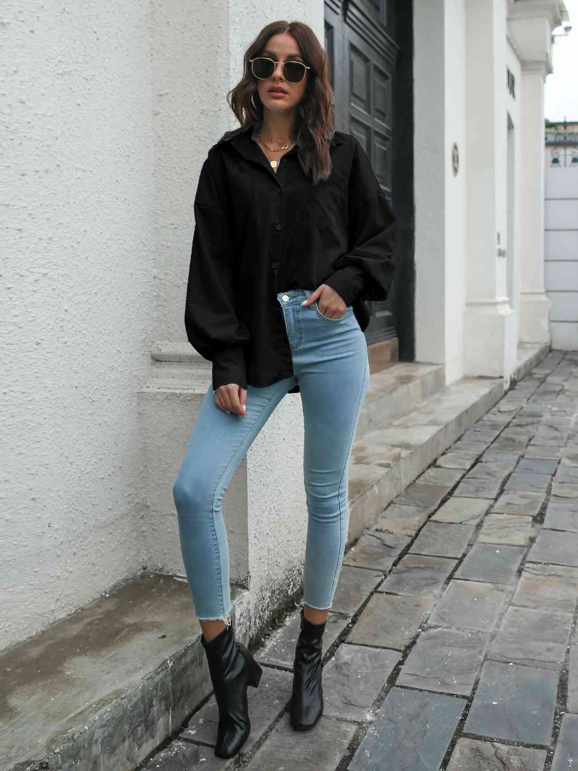 Collared Neck Dropped Shoulder Buttoned Shirt - TRENDMELO