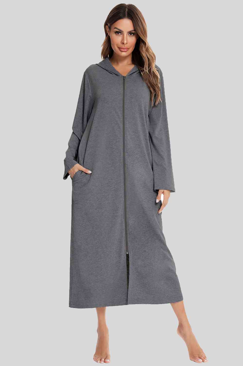 Zip Front Hooded Night Dress with Pockets - TRENDMELO