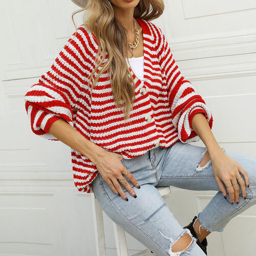 Striped Button Down Long Sleeve Cardigan - TRENDMELO