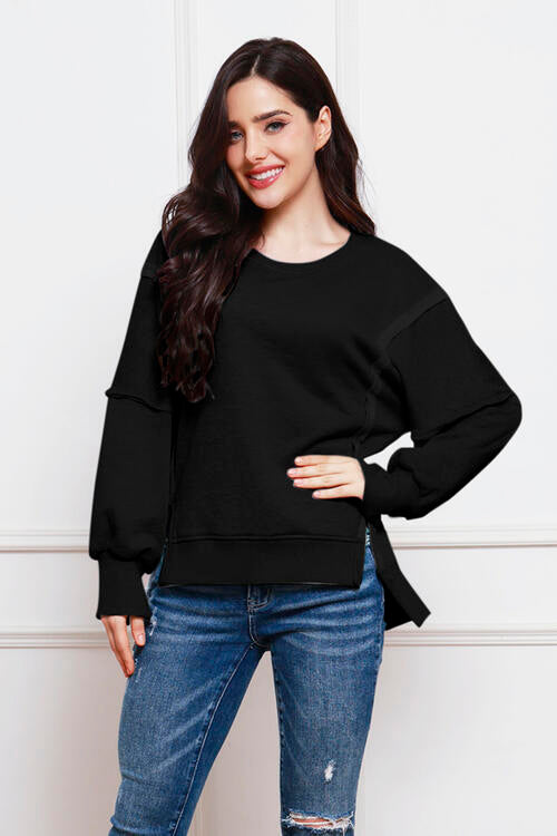 Exposed Seam High-Low Slit Sweatshirt - TRENDMELO