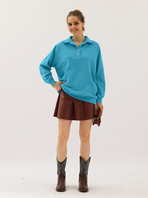 Ninexis Full Size Quarter-Button Collared Sweatshirt - TRENDMELO