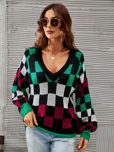 Checkered V-Neck Lantern Sleeve Sweater - TRENDMELO